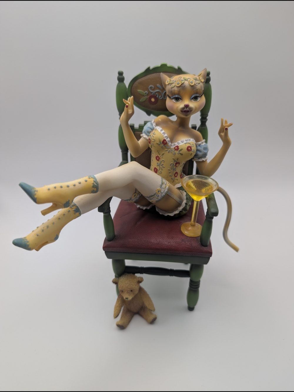Margaret le Van Alley Cats Tan Female With Green Chair Martini Glass Brown Bear